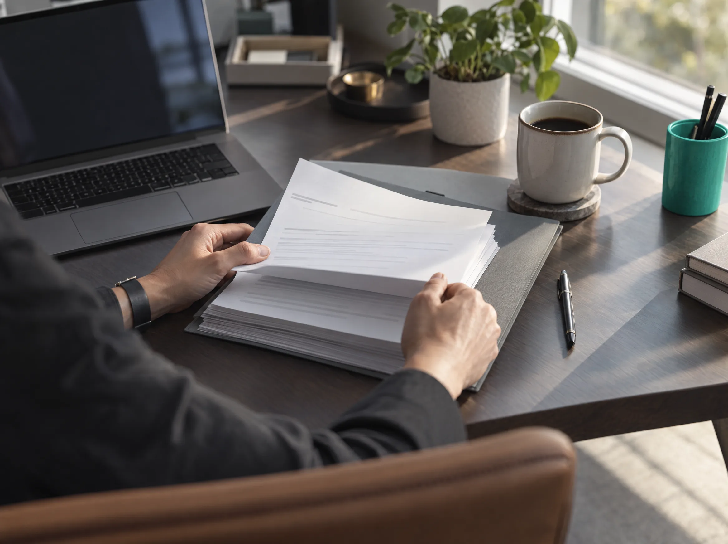 Hands sorting a stack of account statements at a desk beside a laptop and coffee