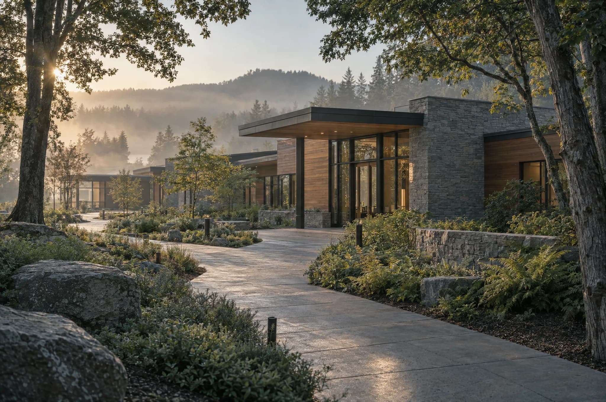 A modern treatment facility at dawn, timber and stone, trees and low fog behind it