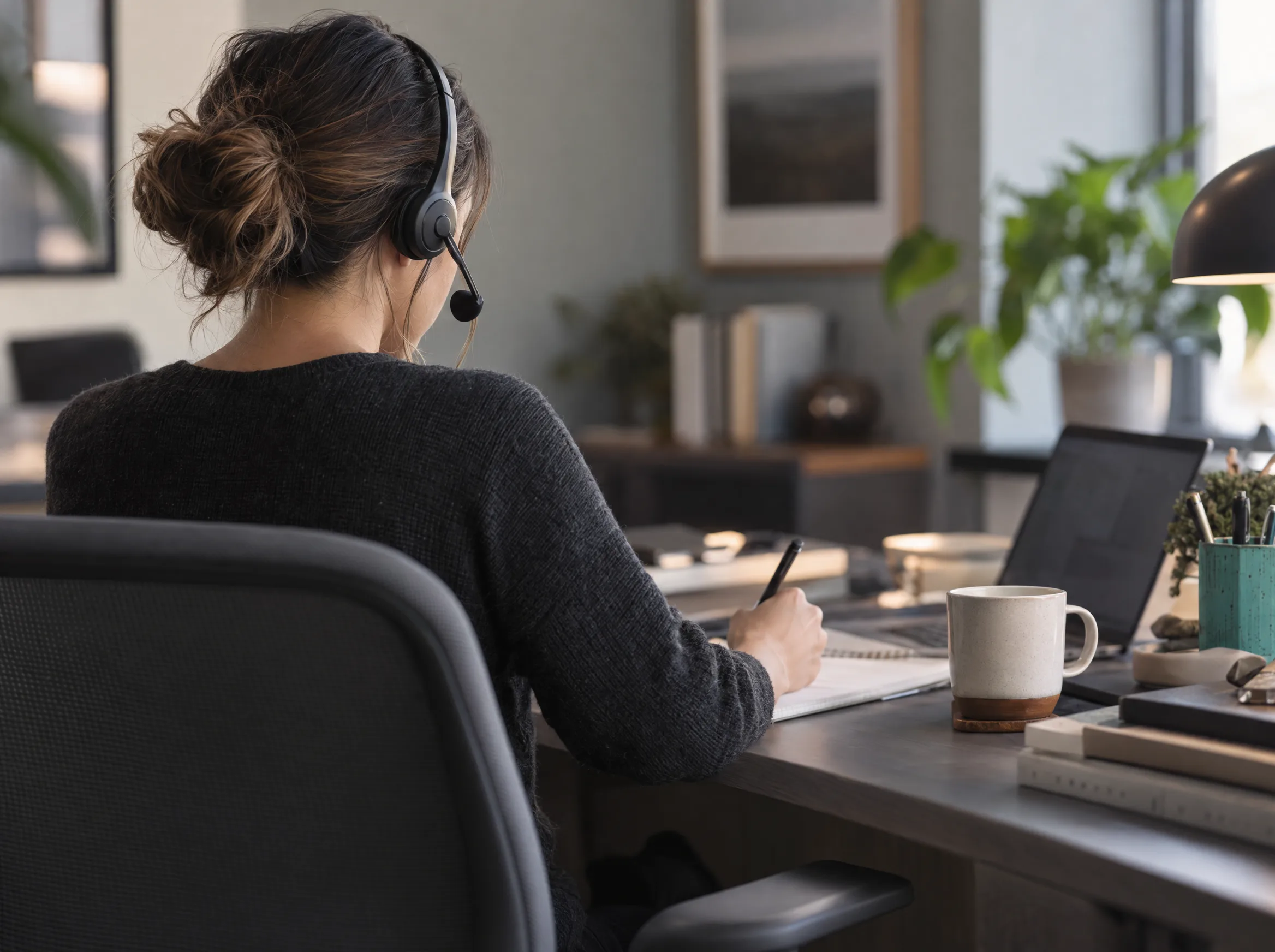 An account specialist on a headset at a quiet desk, notes open, making a patient call