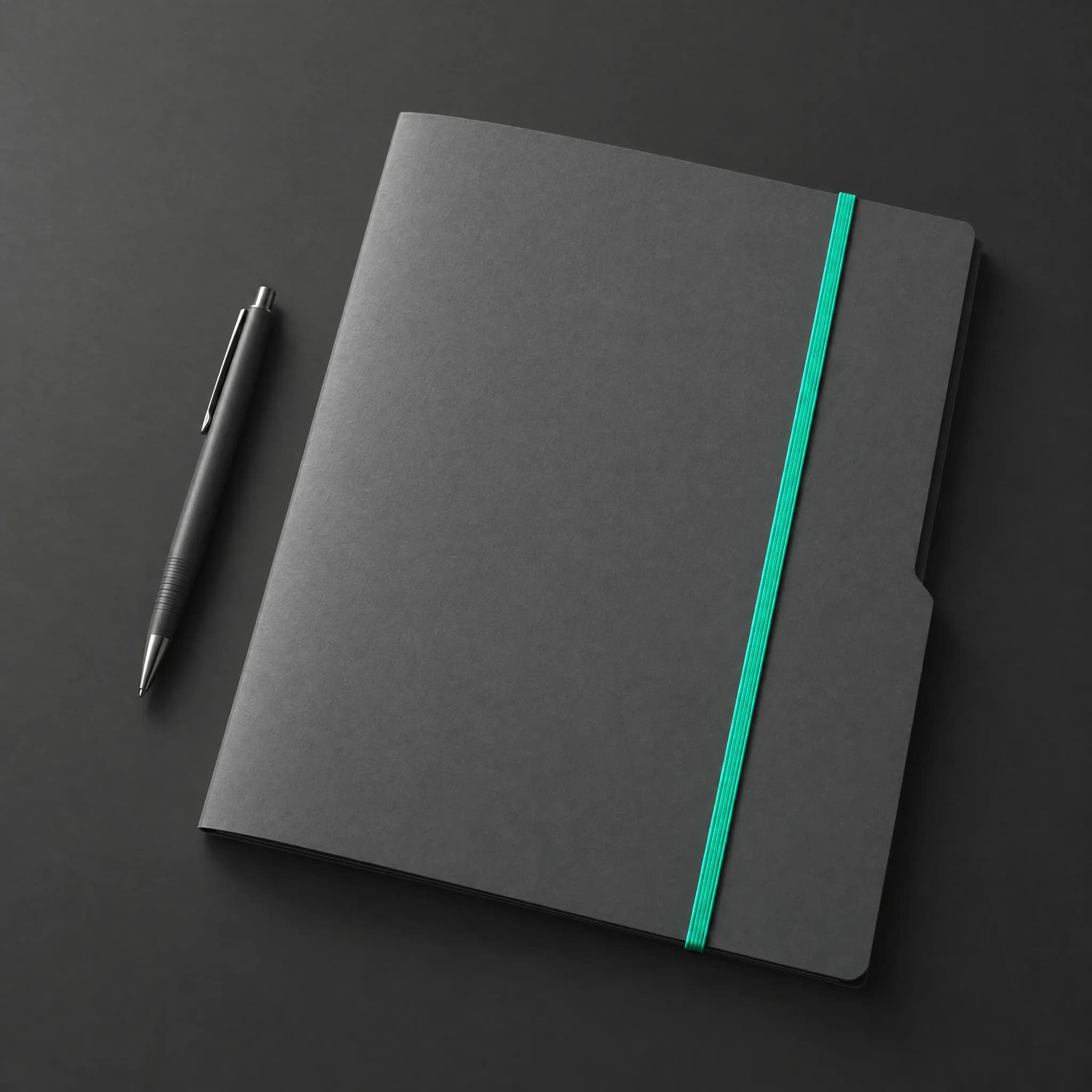 A charcoal account folder with a teal band on a dark desk
